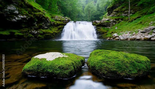 Crystalclear waterfall flowing over mosscovered rocks, plunging into a peaceful, hidden forest pond in a pristine wilderness Waterfall plunge wilderness, Hidden tranquility