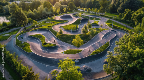 Aerial View of Modern Pump Track in Lush Green Park at Sunset with Cyclists Enjoying the Curved Pathways