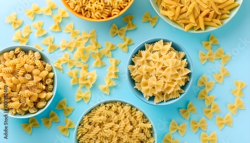 Colorful assortment of dried pasta shapes beautifully arranged in bowls photo