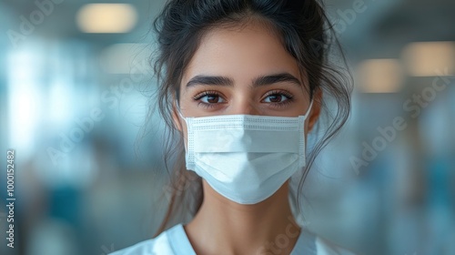 Close-up of a woman with striking blue eyes wearing a white protective face mask. the background is softly blurred, creating an ethereal, almost dreamlike atmosphere. perfect for themes of health