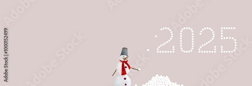 2025 year illustration, icon. Funny new year, winter concept. A snowman is building 2025 sign with snowballs. Snow bubbles. Colorful, playful, minimal image. Copy space