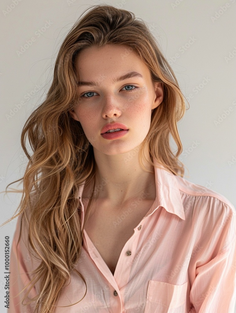 Portrait of a woman with long hair wearing a pink blouse. Portrait of a woman with long hair wearing a pink blouse.