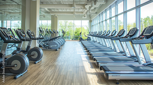 Modern Gym Interior with Treadmills and Exercise Equipment in a Bright, Spacious Room with Large Windows photo