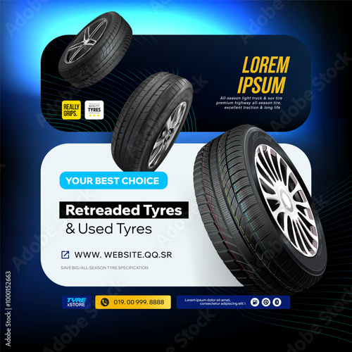 Tires with a restored tread
and used tires. Poster. An advertising template.