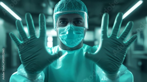 Healthcare professional in surgical attire, wearing gloves and mask, ready for a procedure in a sterile environment.