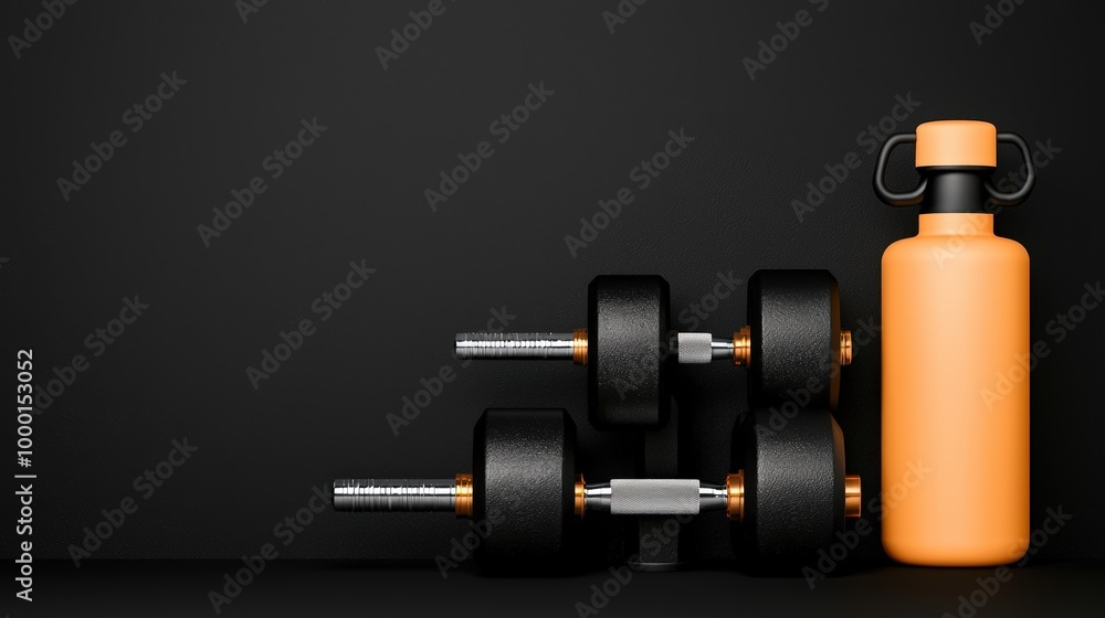 Dumbbells and water bottle on a dark background, fitness and workout equipment. Dumbbells and water bottle on a dark background, fitness and workout equipment.