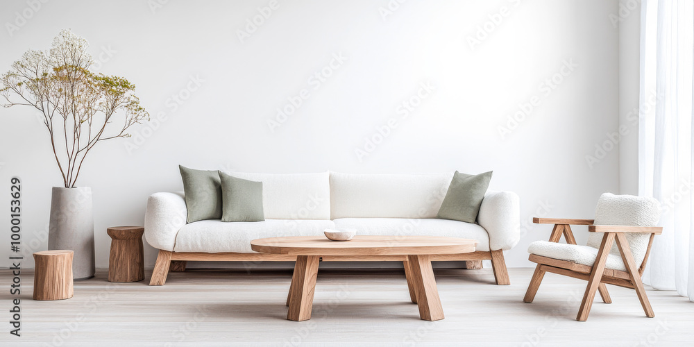 Stylish living room featuring a modern white sofa, wooden furniture, and decorative plants in a bright, minimalist design Stylish living room featuring a modern white sofa, wooden furniture, and decorative plants in a bright, minimalist design
