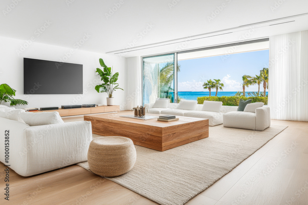Modern living room with ocean view featuring cozy furniture and large ...