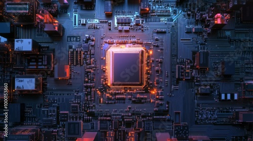 Close-up view of a computer motherboard with a glowing central processing unit (CPU), highlighting modern technology and electronics.