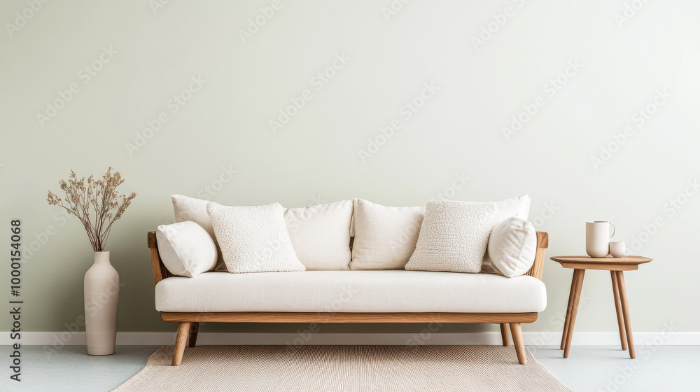 A minimalist living room featuring a light sofa with pillows next to a wooden side table and vase decorated with dried flowers A minimalist living room featuring a light sofa with pillows next to a wooden side table and vase decorated with dried flowers