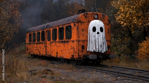 Ghostly train on abandoned tracks surrounded by autumn foliage. photo