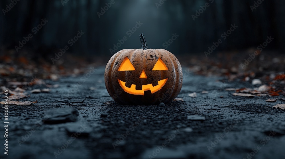 Glowing Halloween pumpkin on a dark, foggy path surrounded by fallen leaves Glowing Halloween pumpkin on a dark, foggy path surrounded by fallen leaves