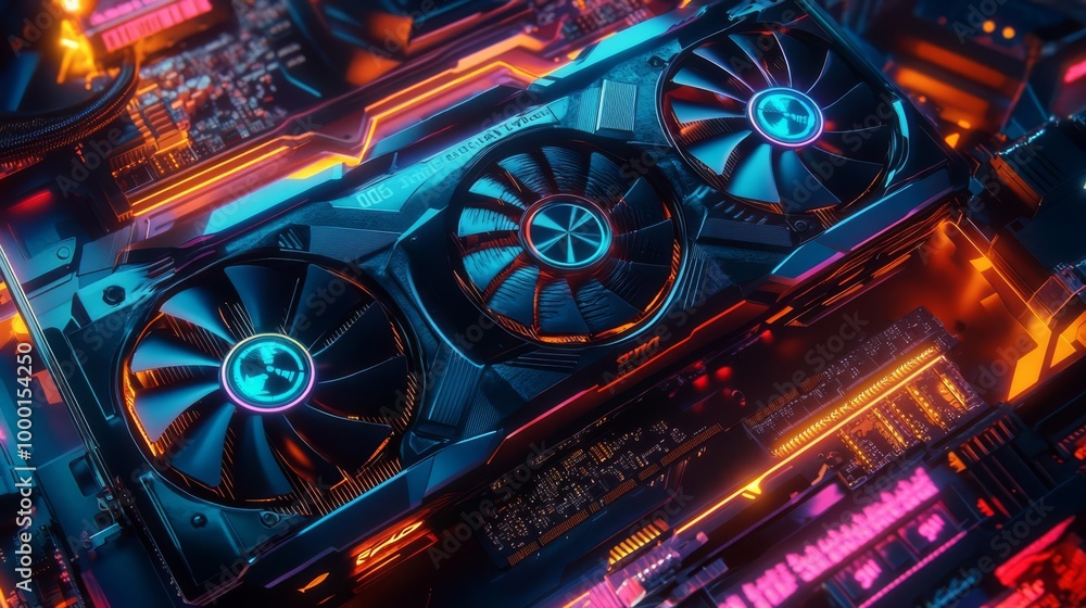 Fototapeta premium Close-up of a high-performance gaming graphics card with vibrant LED lights, showcasing modern and powerful computer technology.