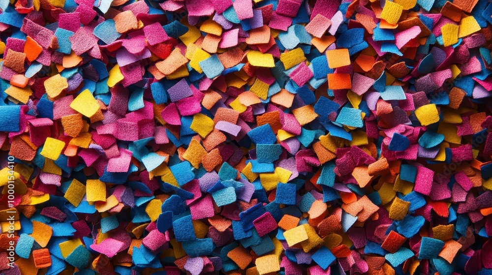 Vibrant confetti spread out, showcasing a colorful mix of squares in shades of blue, pink, orange, and yellow, perfect for celebrations. Vibrant confetti spread out, showcasing a colorful mix of squares in shades of blue, pink, orange, and yellow, perfect for celebrations.