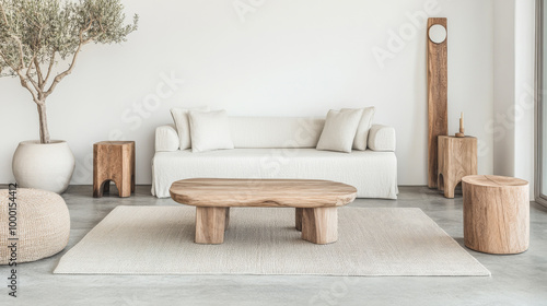 Modern minimalist living room design featuring natural materials and serene decor in a bright, airy space