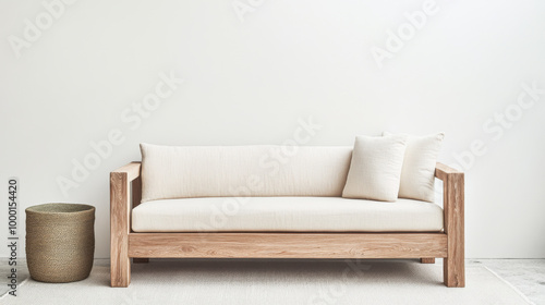 Stylish wooden sofa with soft cushions in a minimalistic indoor setting, showcasing modern design and natural elements