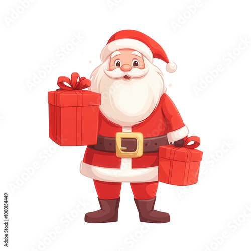 Cheerful Santa Claus holding gifts, spreading holiday joy and festive spirit. Perfect for Christmas themes and seasonal greetings isolate on transparency background PNG