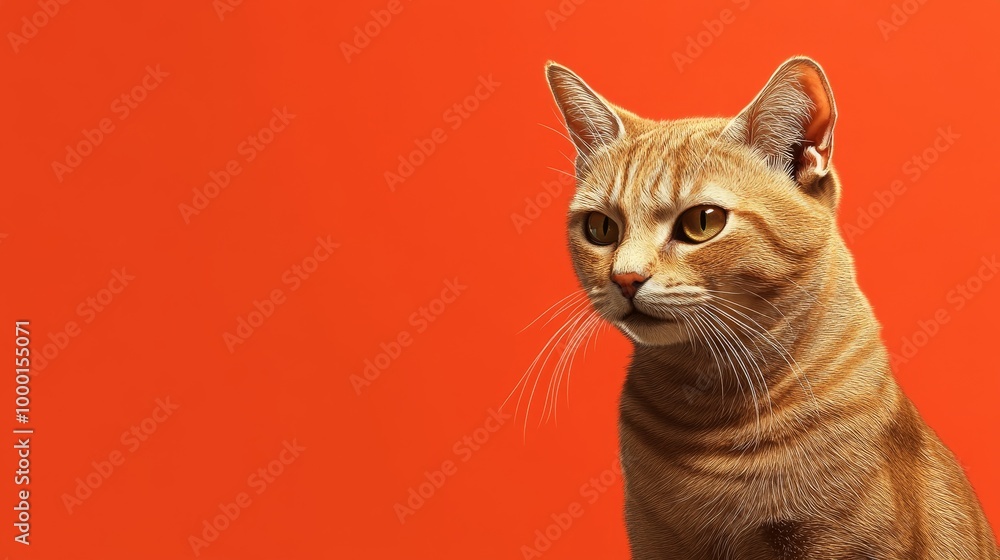 A confident orange tabby cat with a serious expression, looking to the side, set against a vibrant red background. This image symbolizes confidence, independence, curiosity, and feline beauty. A confident orange tabby cat with a serious expression, looking to the side, set against a vibrant red background. This image symbolizes confidence, independence, curiosity, and feline beauty.