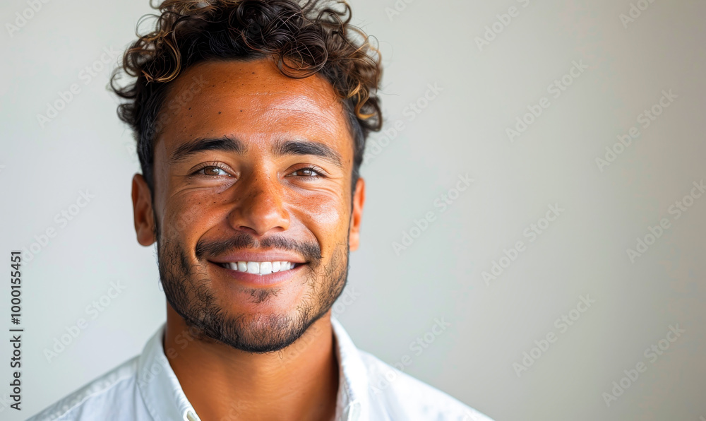 Fototapeta premium Confident Young Businessman with a Bright Smile, Curly Hair in White Shirt, Simple Background Ideal for Corporate and Advertising Needs
