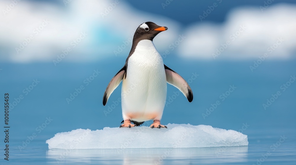 Fototapeta premium A cute penguin stands confidently on an iceberg in a beautiful blue ocean. Its black and white feathers contrast beautifully with the icy landscape. The penguin represents resilience, grace, and the 