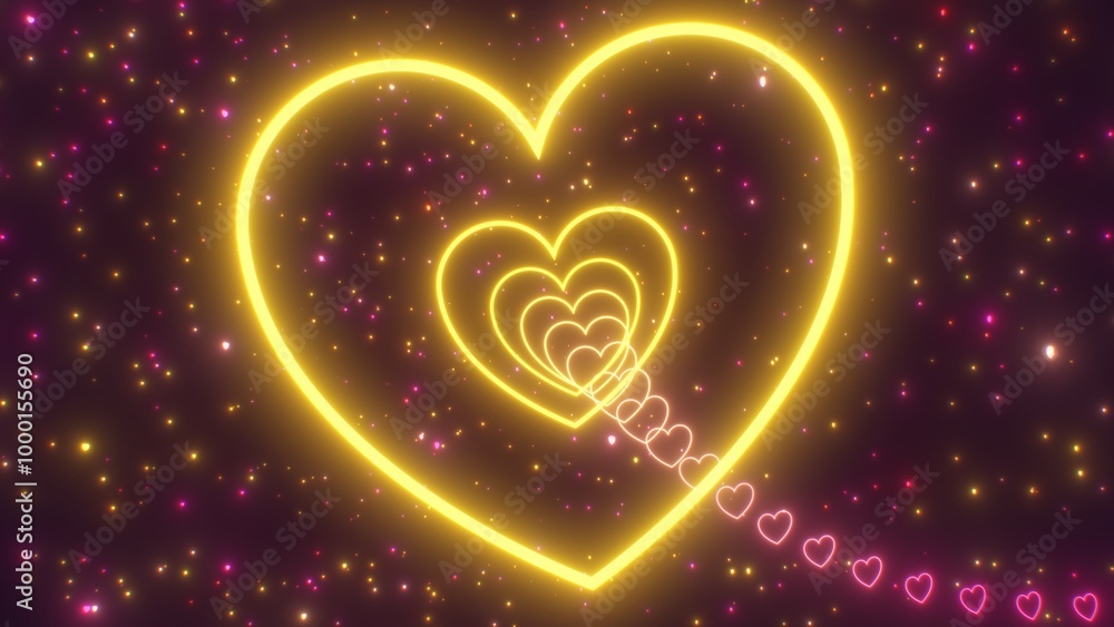 Pink Yellow Moving Heart Shaped Neon Glowing Tunnel Floating In Space - Abstract Background Texture Pink Yellow Moving Heart Shaped Neon Glowing Tunnel Floating In Space - Abstract Background Texture