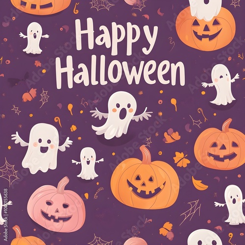 Cute Halloween Pumpkins and Ghosts Seamless Pattern