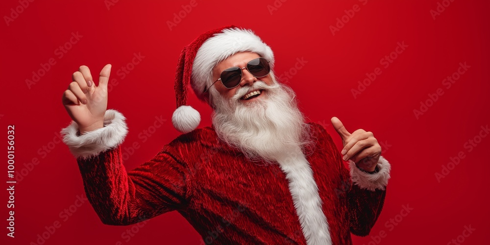 A man in a red Santa suit is dancing and giving a thumbs up. The image has a festive and joyful mood, as it is a representation of the holiday season A man in a red Santa suit is dancing and giving a thumbs up. The image has a festive and joyful mood, as it is a representation of the holiday season