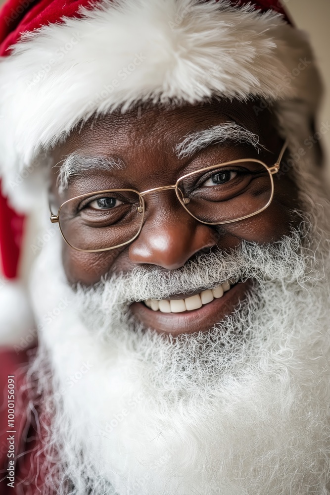 A smiling man with a white beard and glasses is wearing a red hat and a red and white Santa Claus outfit A smiling man with a white beard and glasses is wearing a red hat and a red and white Santa Claus outfit