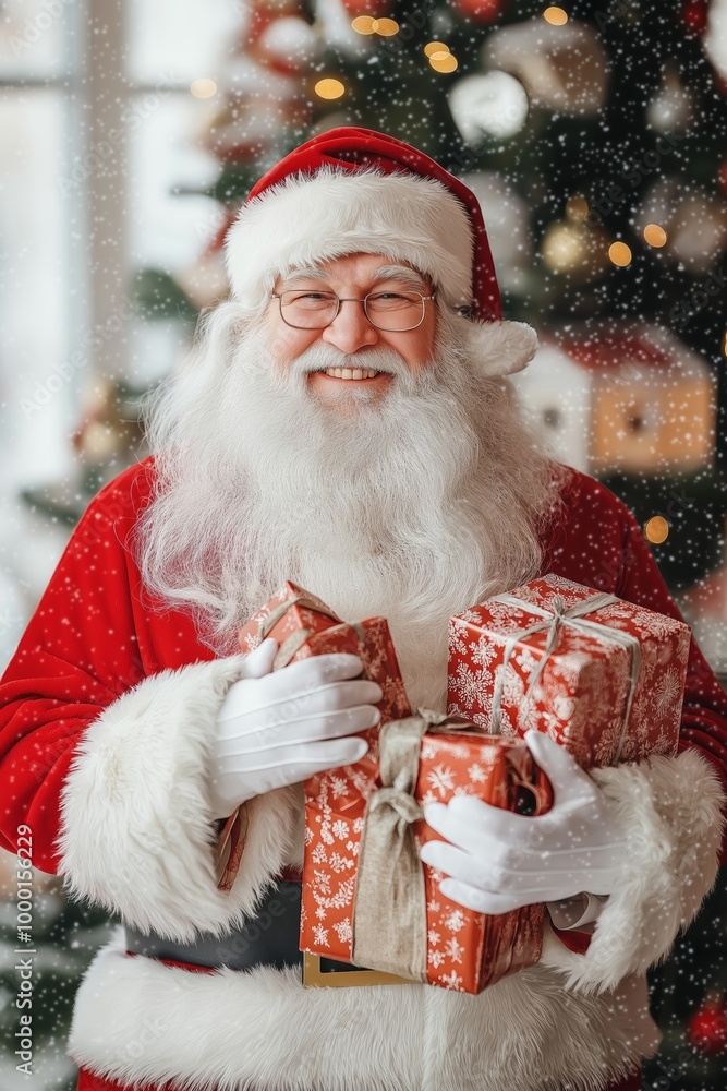 A smiling Santa Claus holding two red boxes and a white glove. The image conveys a festive and joyful mood, as it is a Christmas scene A smiling Santa Claus holding two red boxes and a white glove. The image conveys a festive and joyful mood, as it is a Christmas scene