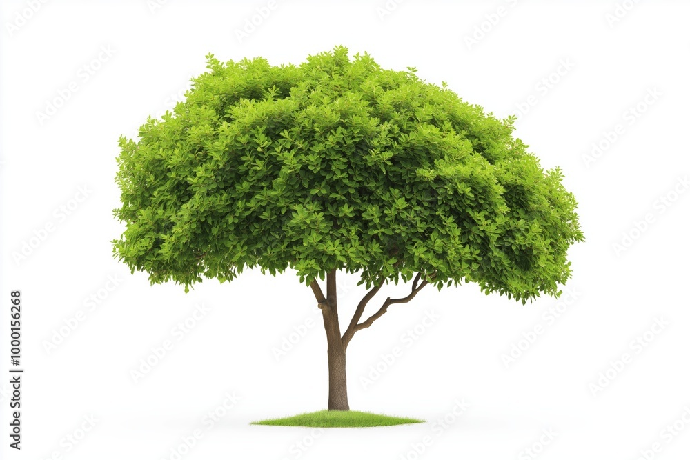 A large tree with green leaves stands alone on a white background. The tree is the main focus of the image, and its size and color contrast with the white background. Concept of calm and serenity A large tree with green leaves stands alone on a white background. The tree is the main focus of the image, and its size and color contrast with the white background. Concept of calm and serenity