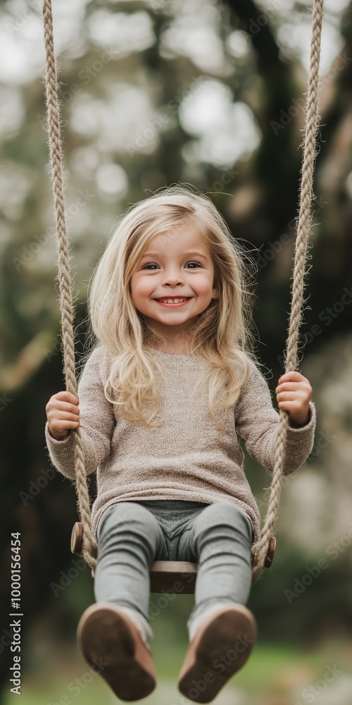 A young girl is swinging on a rope swing in a forest. She is smiling and she is enjoying herself A young girl is swinging on a rope swing in a forest. She is smiling and she is enjoying herself