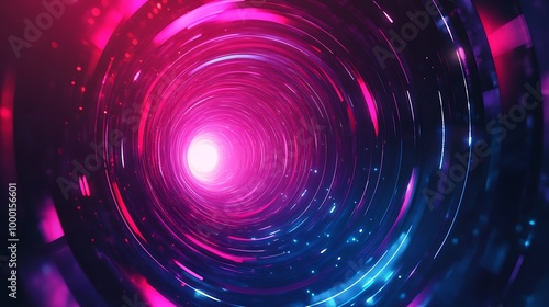 Abstract neon glowing circular light tunnel with glowing particles.