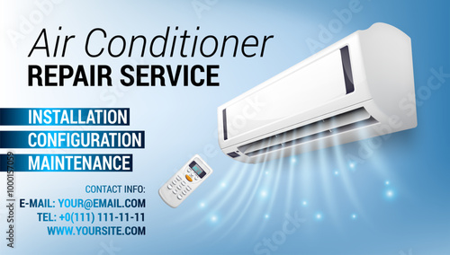 Air Conditioning Repair Flyer banner business card with Realistic detailed isometric 3d air conditioning blowing cold air in the room for home