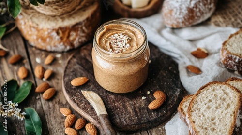 A cozy kitchen scene with a jar of homemade almond butter, surrounded by fresh bread and whole almonds, evoking a warm, inviting atmosphere for breakfast.