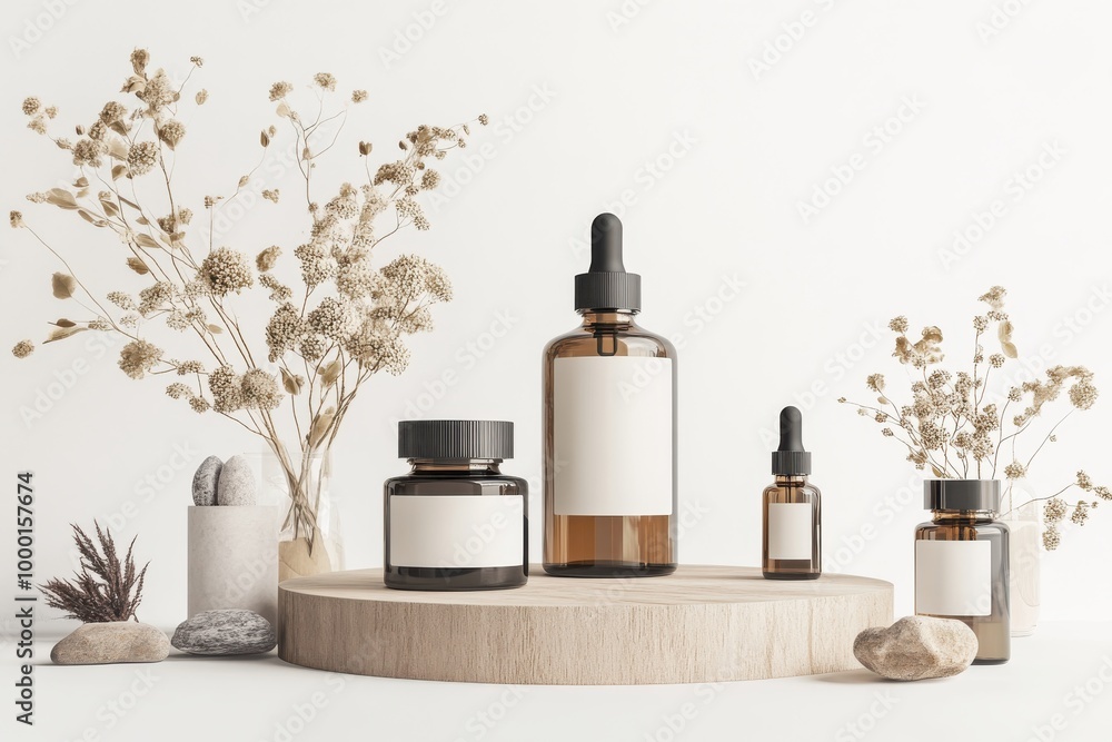 Blank skincare packaging on wooden podium with flowers, organic nature-inspired mockup Blank skincare packaging on wooden podium with flowers, organic nature-inspired mockup