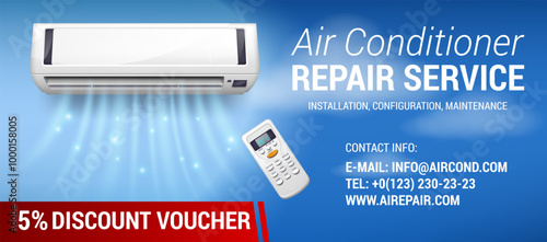 Air Conditioning Repair Flyer with Realistic detailed isometric 3d air conditioning blowing cold air in the room for home