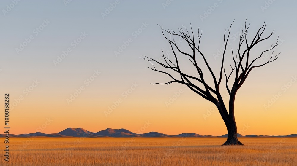 Lonely tree silhouette against a colorful sunset in a vast open landscape. Lonely tree silhouette against a colorful sunset in a vast open landscape.