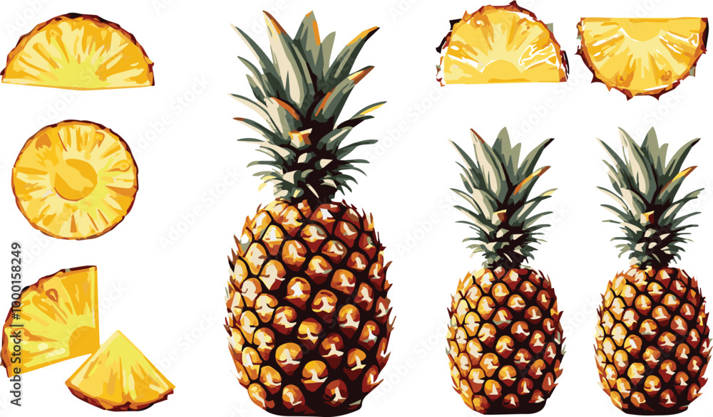 vector illustration of pineapple along with various cut pieces on a white background, easily editable file