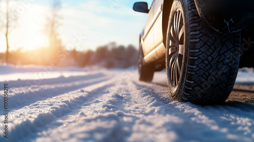 A detailed view of a car's winter tires, their deep treads gripping the snow-covered road as the morning sun casts a warm glow, highlighting the icy landscape. photo