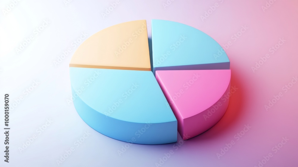 Obraz premium A creative 3D pie chart in pastel colors, each segment slightly tilted for emphasis, set against a soft gradient background, representing data visualization in a minimalistic design.