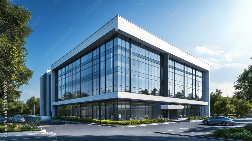 3D render of modern office building with glass facade and parking lot, sunny day 3D render of modern office building with glass facade and parking lot, sunny day