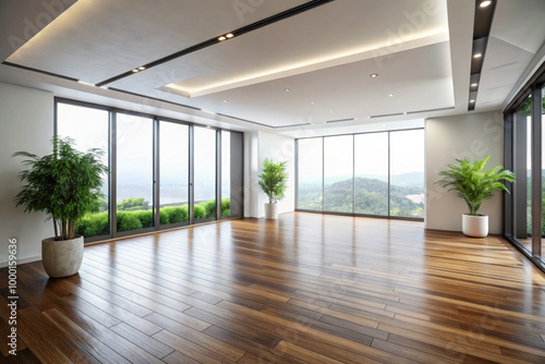 A serene interior space with large windows showcasing lush greenery and a panoramic view of hills on a sunny day. Generative AI