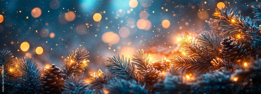 Fototapeta premium Long web wide horizontal banner with Christmas winter scene, pine or spruce branches with golden blurred light decoration, snow, copy space. Merry Xmas bright illustration, Happy New Year background