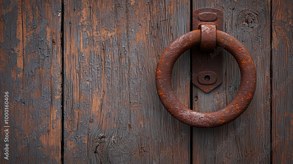 Rusty door knocker on weathered wooden door with peeling paint. Rusty door knocker on weathered wooden door with peeling paint.
