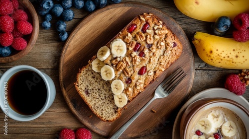 A creative flat lay of a breakfast table featuring a sliced loaf of banana bread with nuts, served alongside fresh fruit and a steaming cup of coffee.