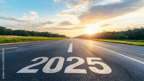 Wallpaper Mural A wide, empty road stretching into the distance, with the bold numbers "2025" painted on the asphalt, a large arrow pointing to the horizon where a sunrise breaks through the cloud Torontodigital.ca