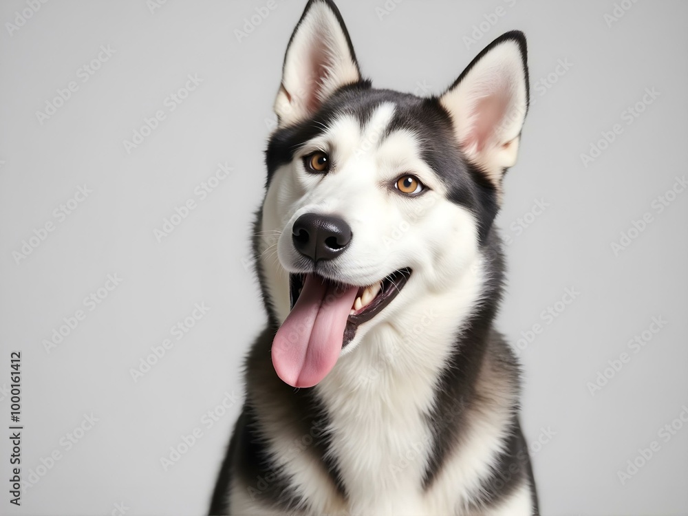 Fototapeta premium A Siberian husky, white and black colour, her tongue hanging out of the corner of her mouth, facing the camera with a silly and funny expression.