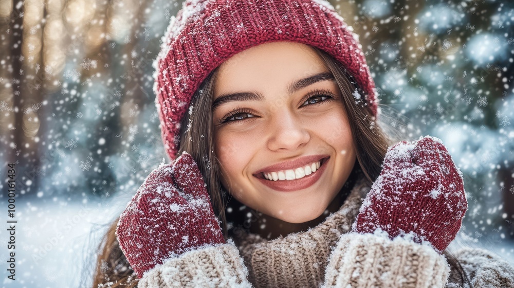 Smiling young woman in red hat and gloves in snowy forest, winter lifestyle portrait Smiling young woman in red hat and gloves in snowy forest, winter lifestyle portrait