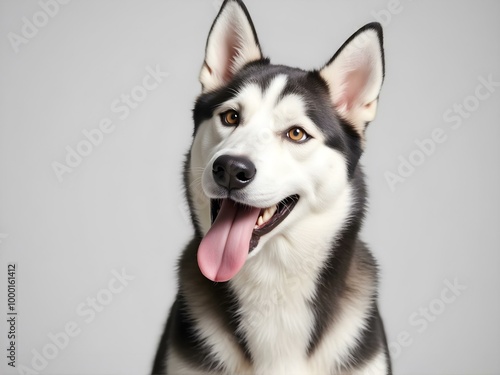 A Siberian husky, white and black colour, her tongue hanging out of the corner of her mouth, facing the camera with a silly and funny expression.