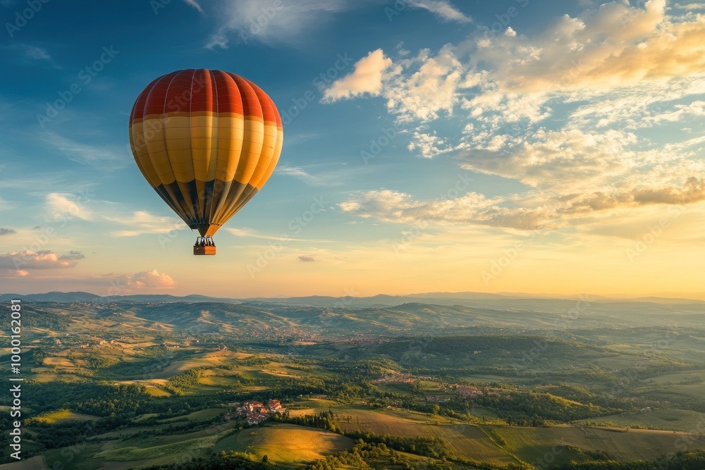 Fototapeta premium Hot Air Balloon Soaring Above Rolling Hills and Villages at Sunset